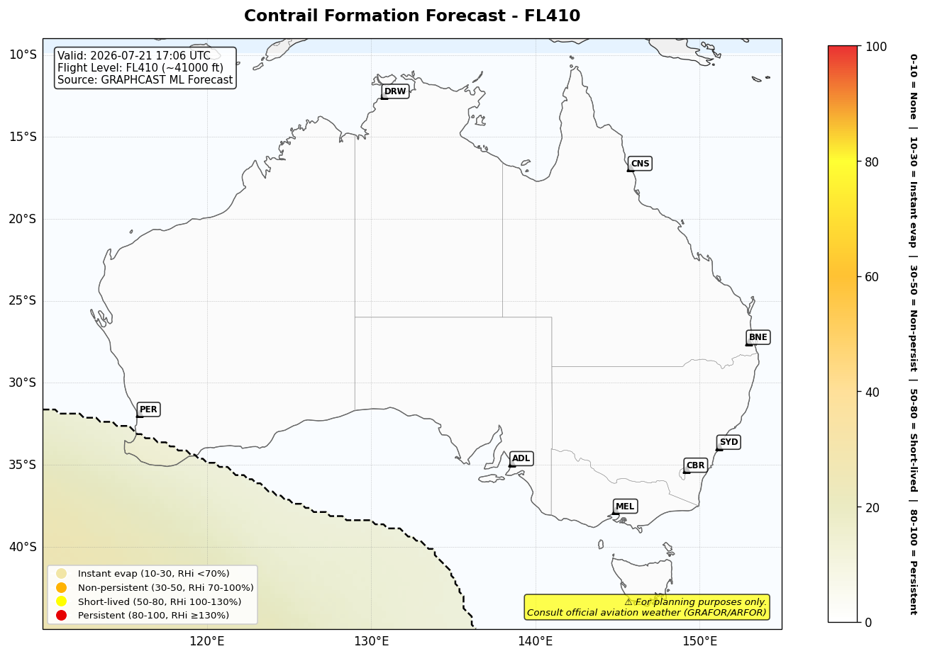 Contrail forecast for FL410 at 2026-07-21 17:06 UTC