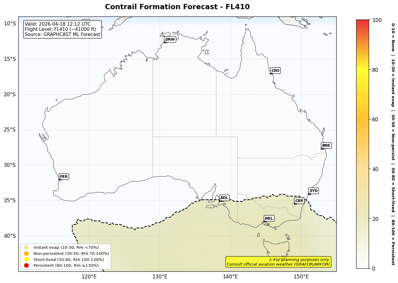 Contrail forecast for FL410 at 2026-04-18 12:12 UTC
