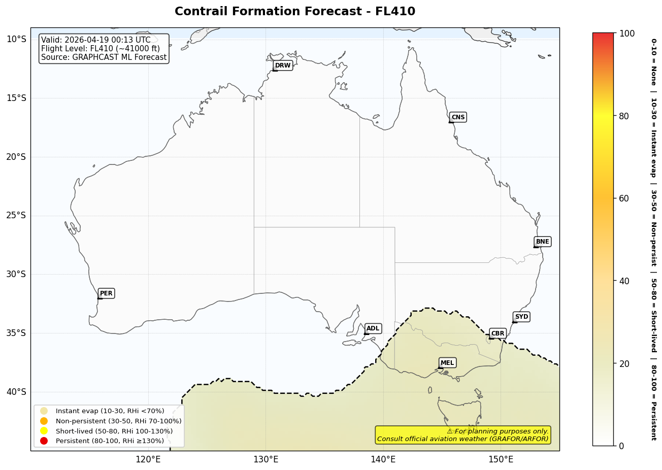 Contrail forecast for FL410 at 2026-04-19 00:13 UTC
