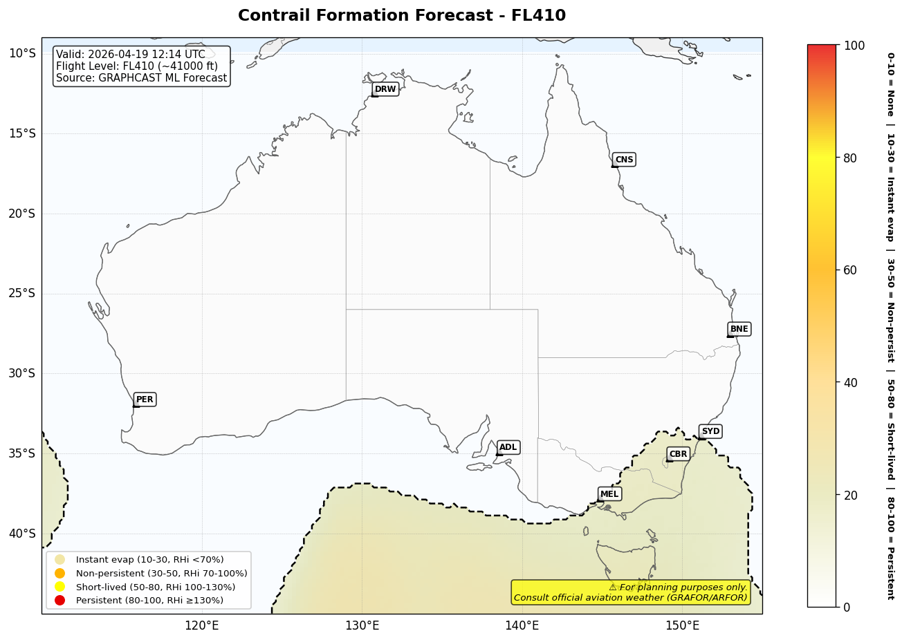 Contrail forecast for FL410 at 2026-04-19 12:14 UTC