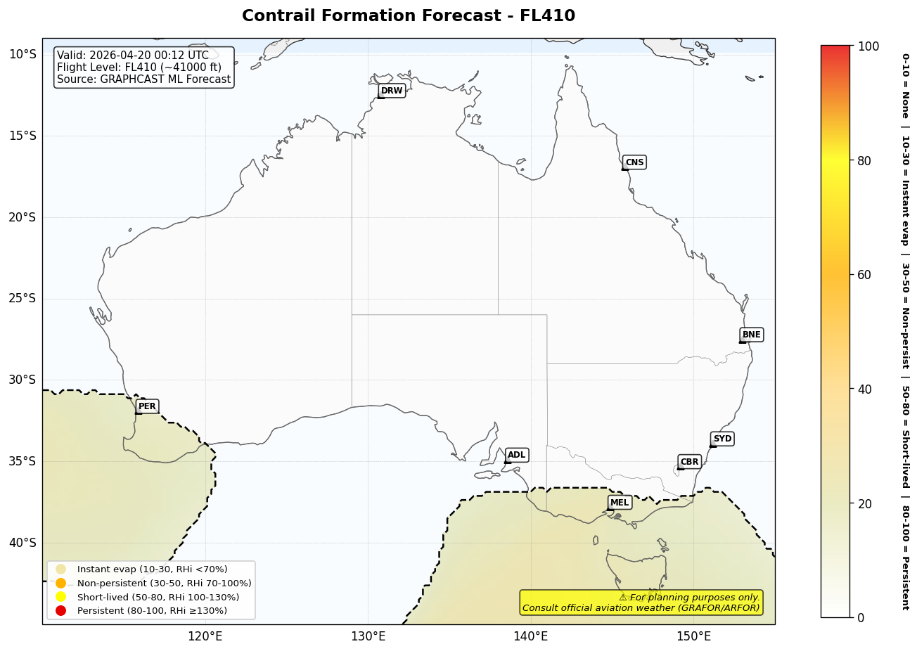 Contrail forecast for FL410 at 2026-04-20 00:12 UTC