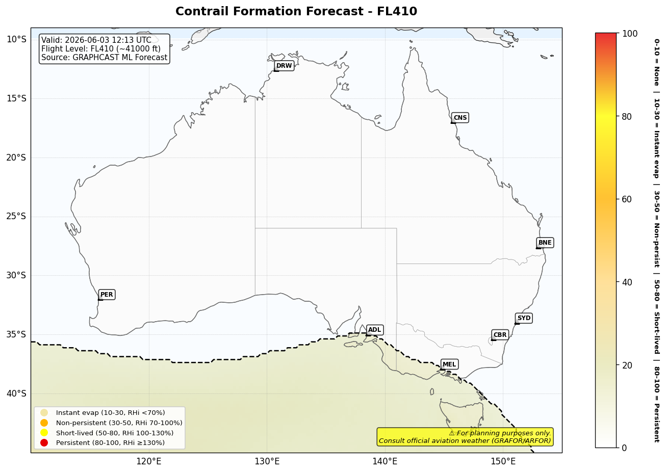 Contrail forecast for FL410 at 2026-06-03 12:13 UTC