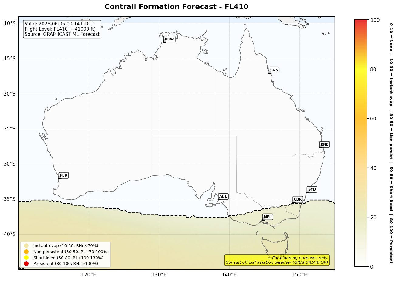 Contrail forecast for FL410 at 2026-06-05 00:14 UTC