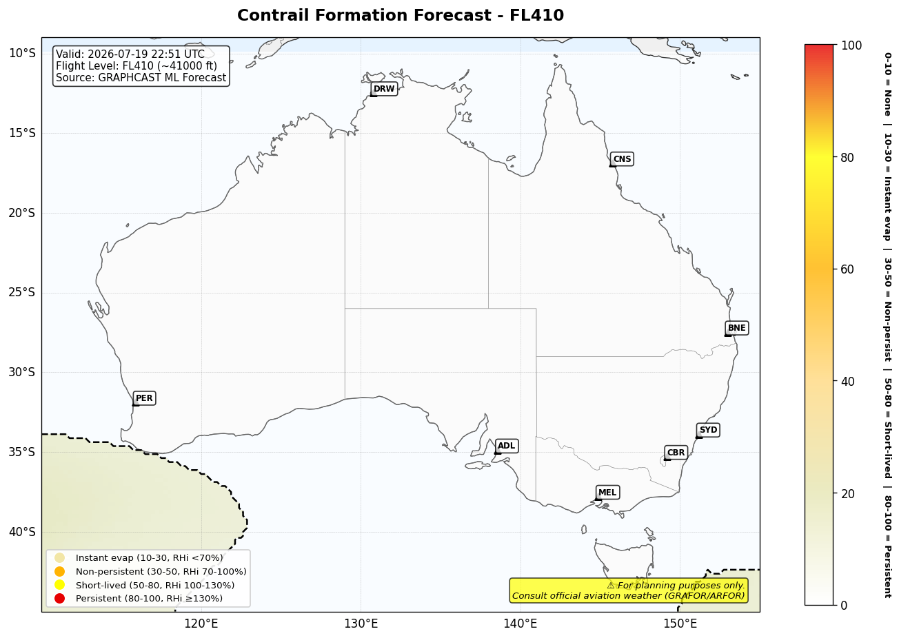 Contrail forecast for FL410 at 2026-07-19 22:51 UTC