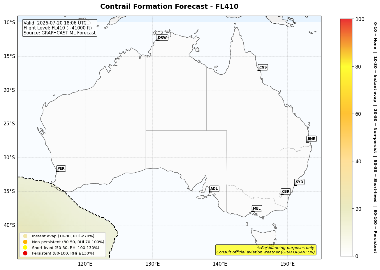Contrail forecast for FL410 at 2026-07-20 18:06 UTC