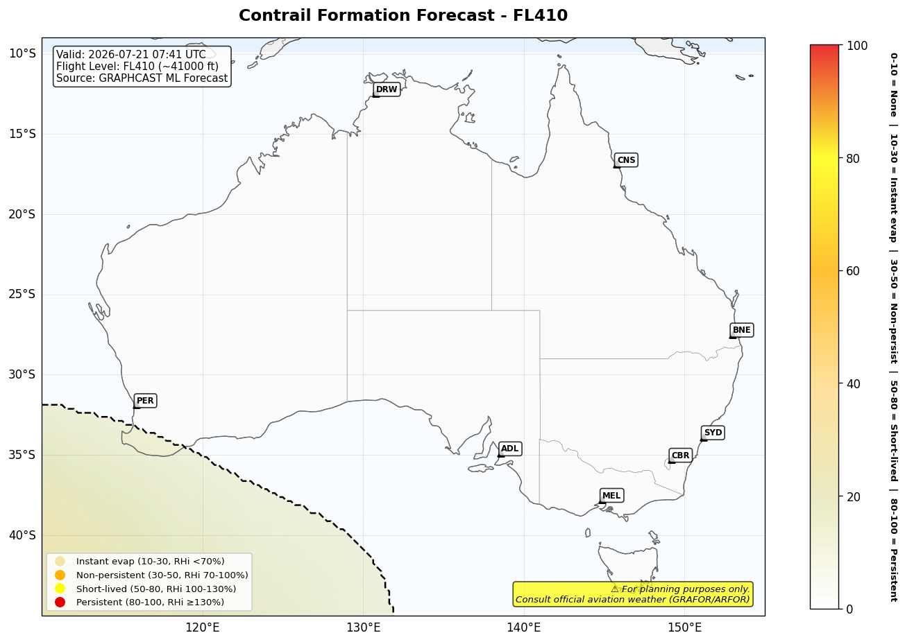 Contrail forecast for FL410 at 2026-07-21 07:41 UTC