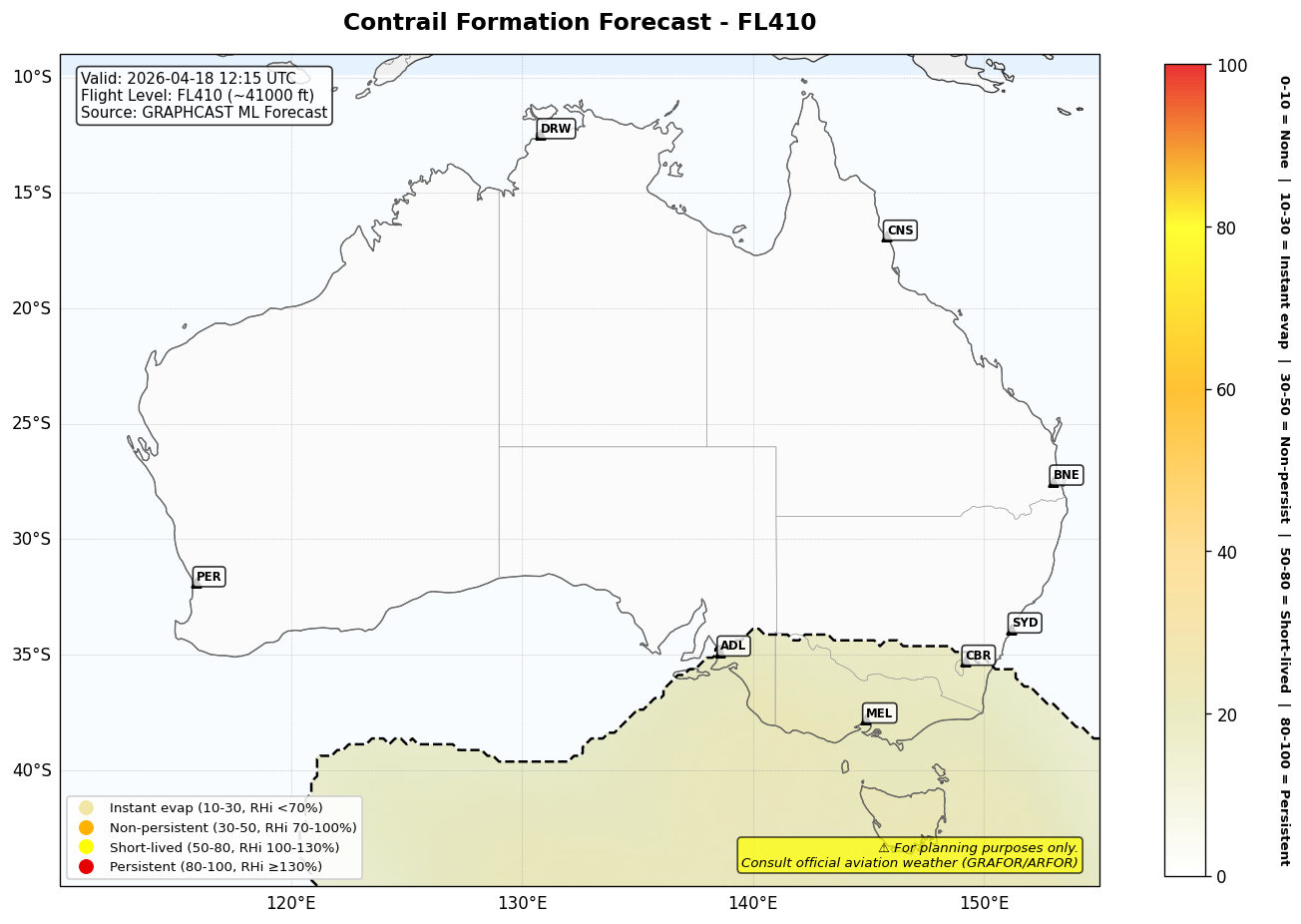 Contrail forecast for FL410 at 2026-04-18 12:15 UTC