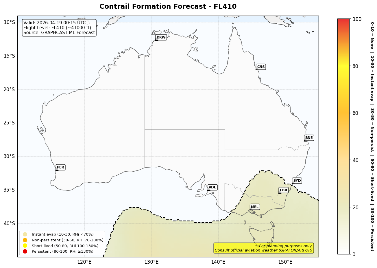 Contrail forecast for FL410 at 2026-04-19 00:15 UTC
