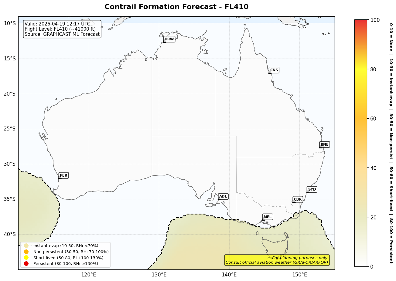 Contrail forecast for FL410 at 2026-04-19 12:17 UTC