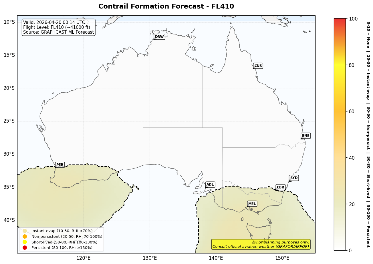 Contrail forecast for FL410 at 2026-04-20 00:14 UTC