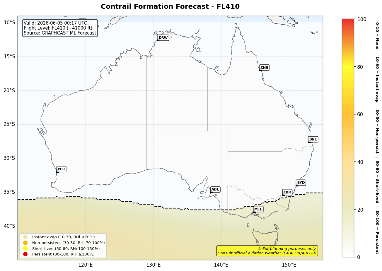 Contrail forecast for FL410 at 2026-06-05 00:17 UTC
