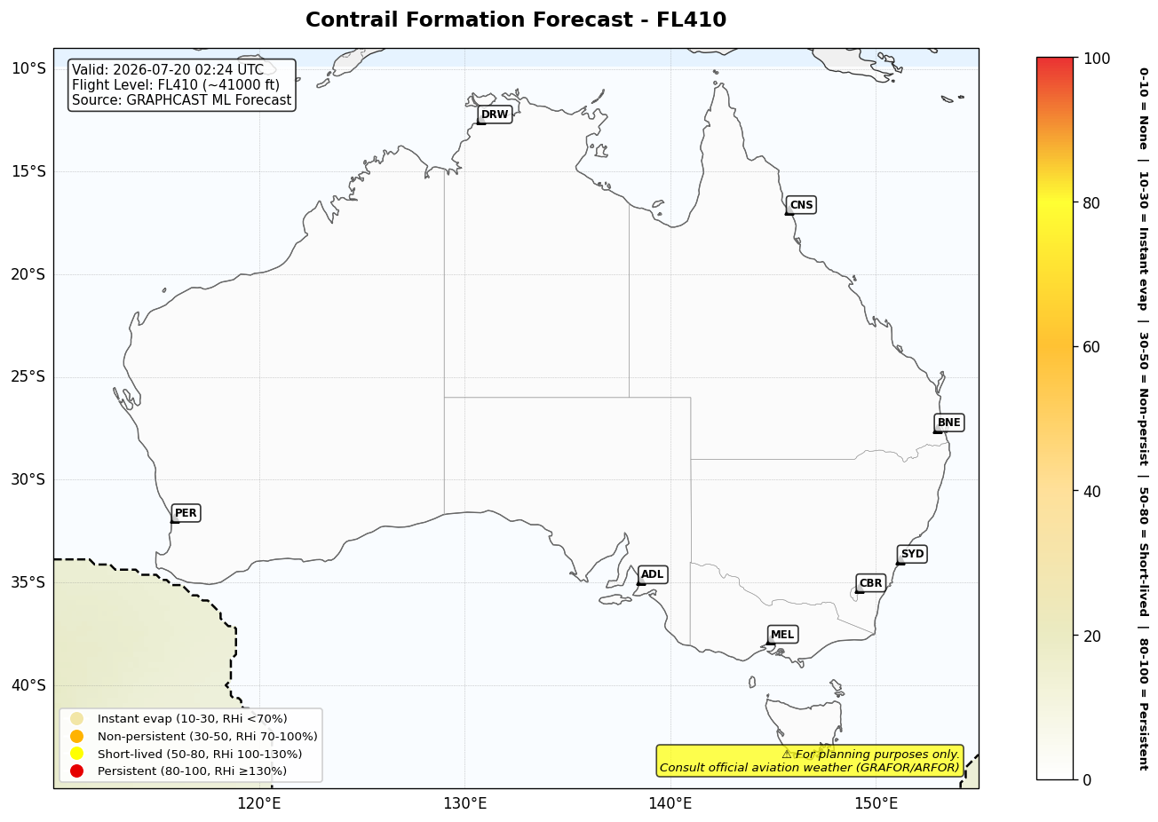 Contrail forecast for FL410 at 2026-07-20 02:24 UTC