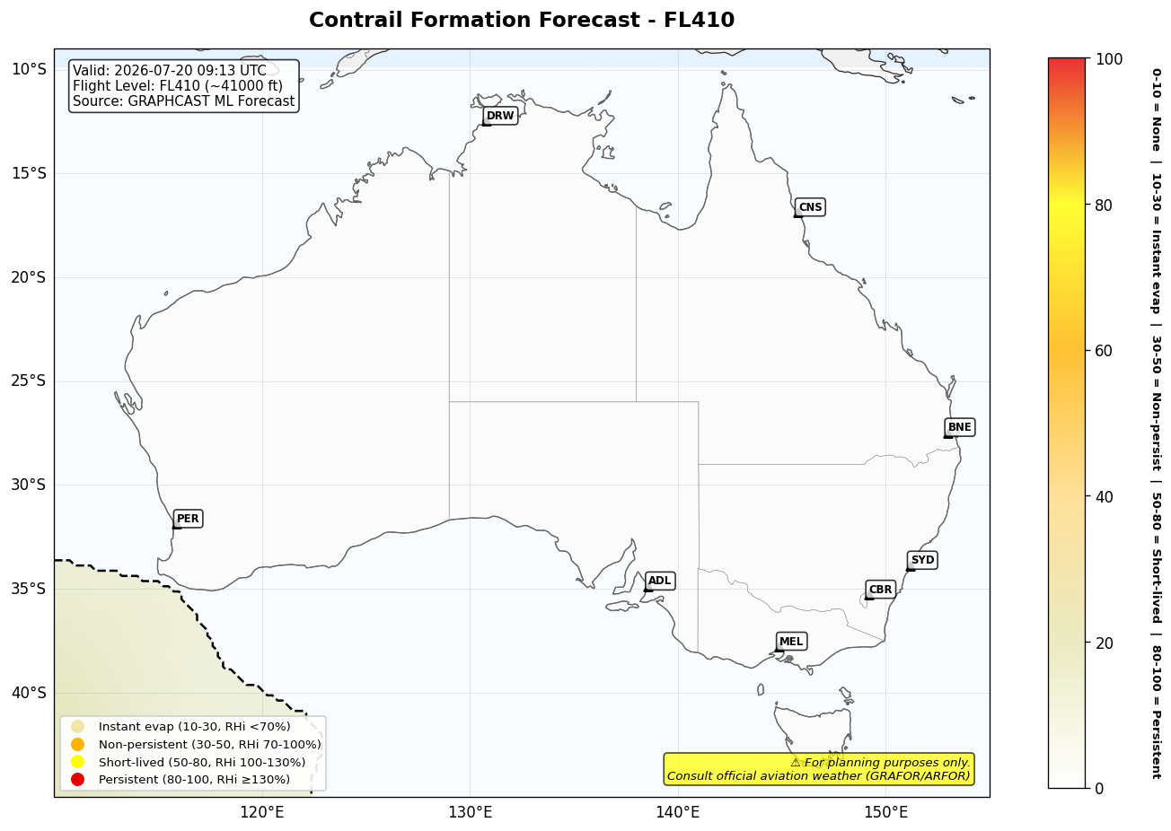 Contrail forecast for FL410 at 2026-07-20 09:13 UTC