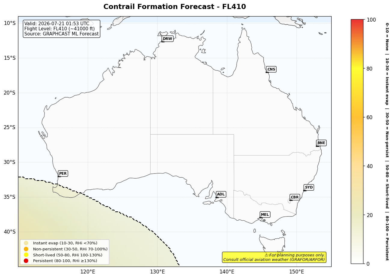 Contrail forecast for FL410 at 2026-07-21 01:53 UTC