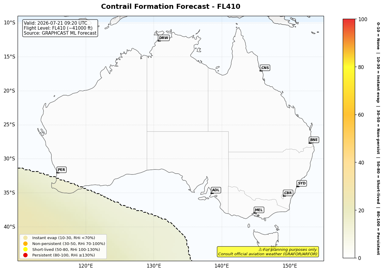 Contrail forecast for FL410 at 2026-07-21 09:20 UTC