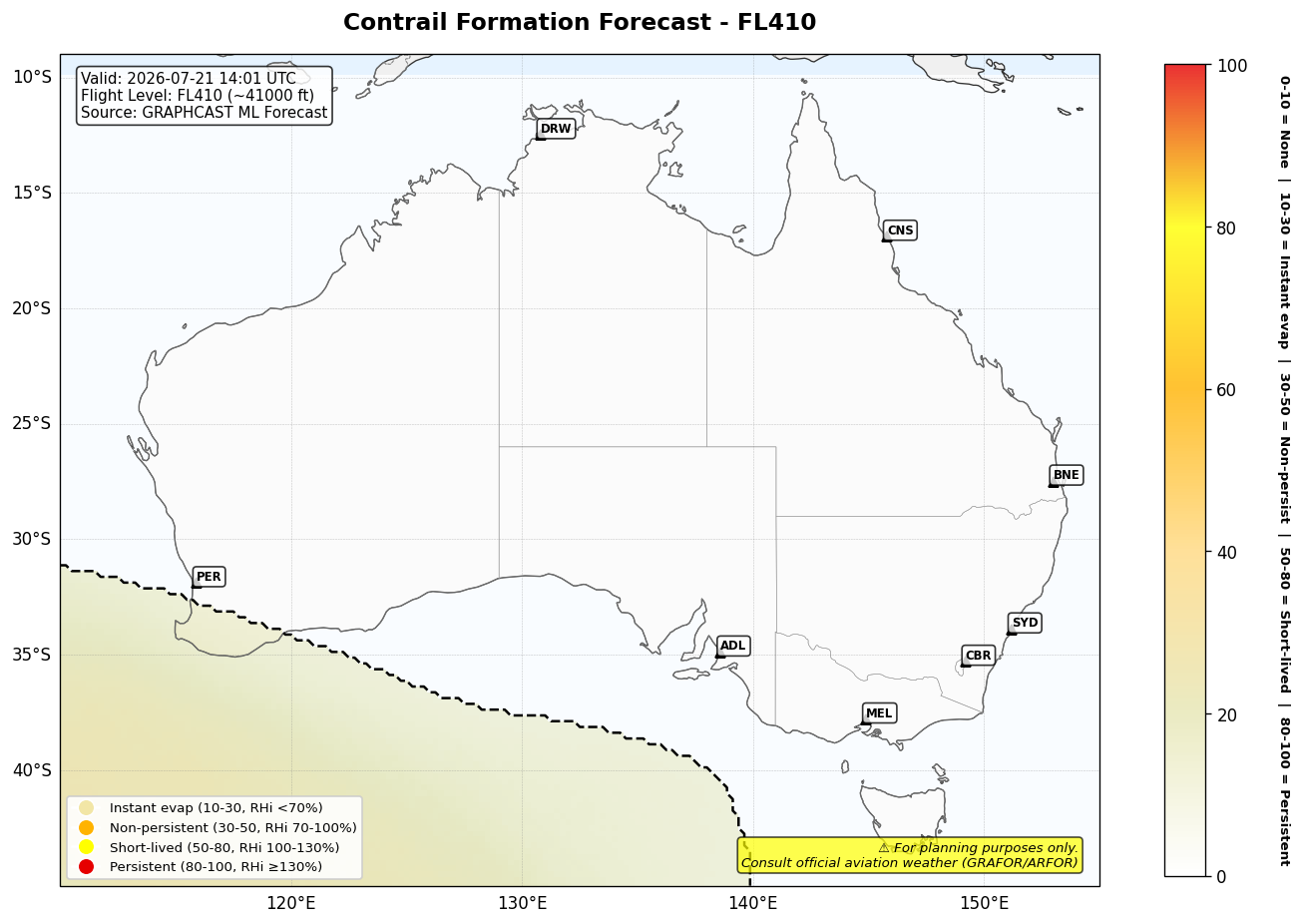 Contrail forecast for FL410 at 2026-07-21 14:01 UTC