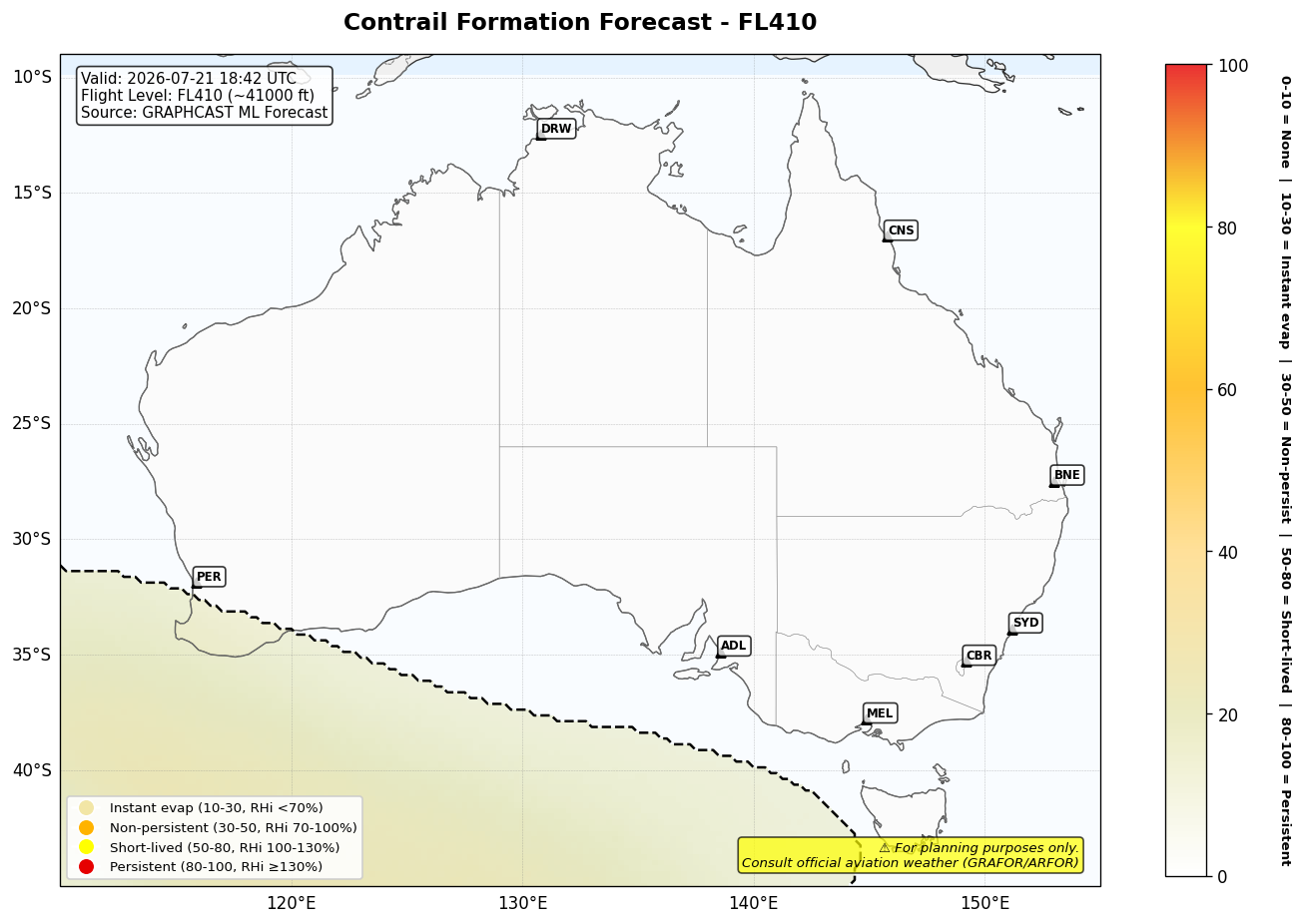 Contrail forecast for FL410 at 2026-07-21 18:42 UTC