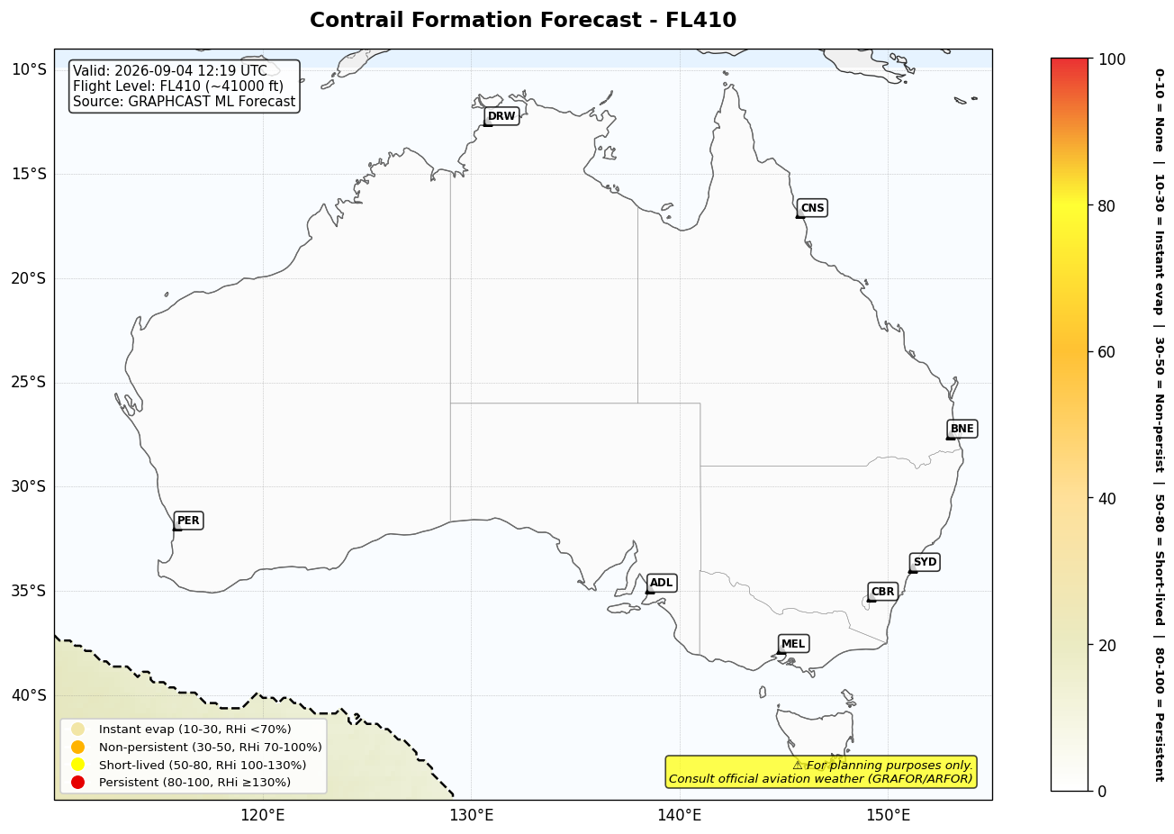 Contrail forecast for FL410 at 2026-09-04 12:19 UTC