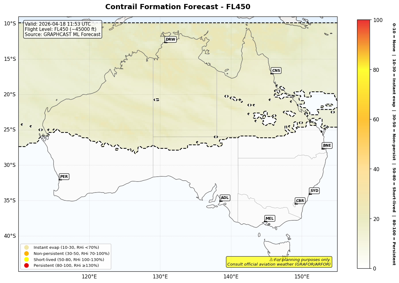 Contrail forecast for FL450 at 2026-04-18 11:53 UTC