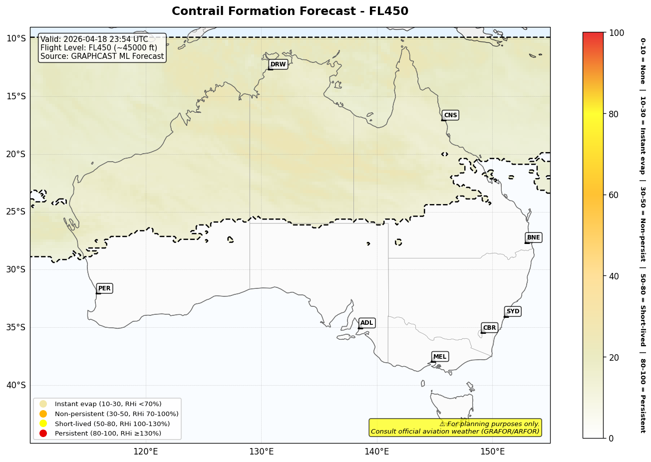 Contrail forecast for FL450 at 2026-04-18 23:54 UTC