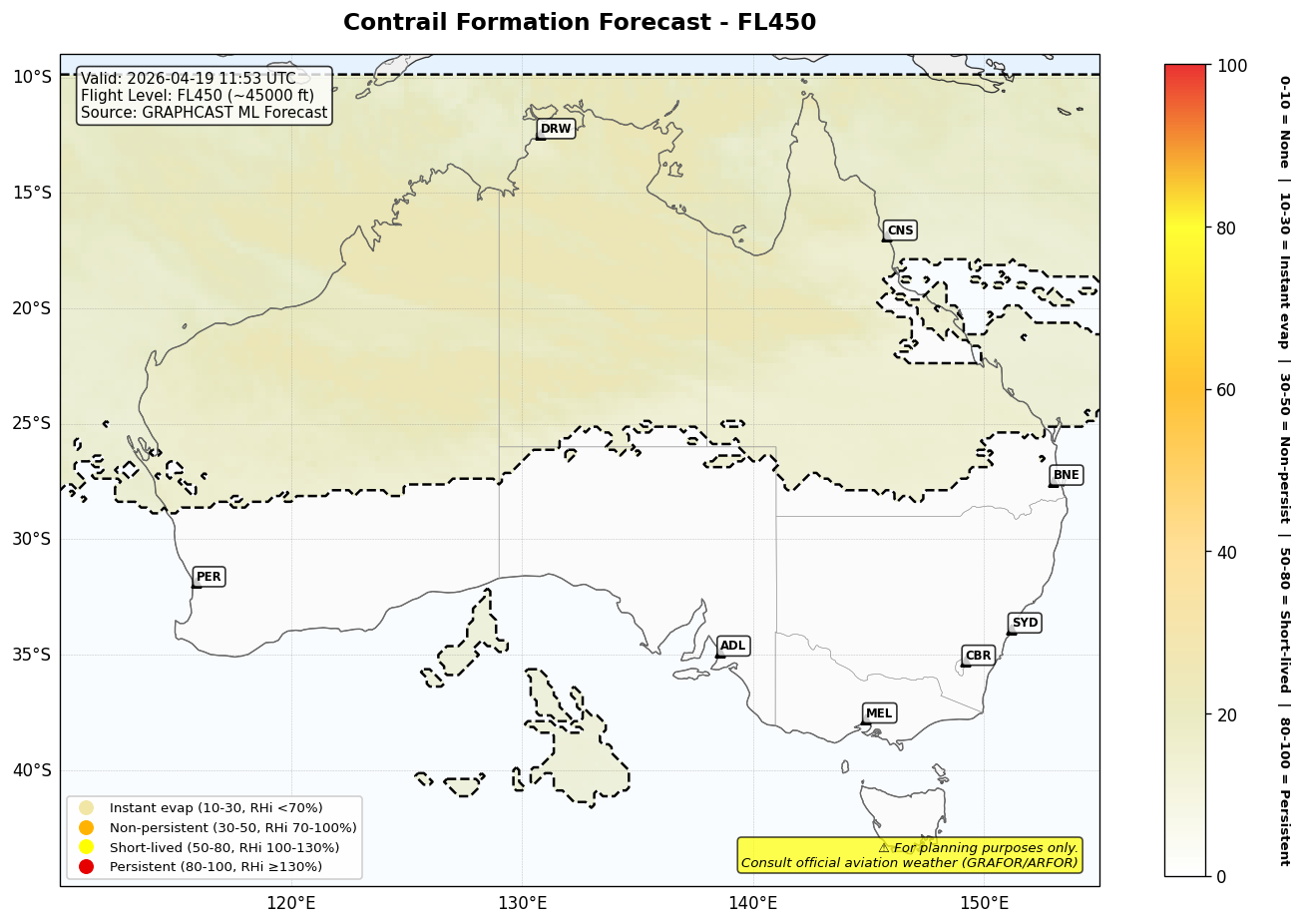 Contrail forecast for FL450 at 2026-04-19 11:53 UTC