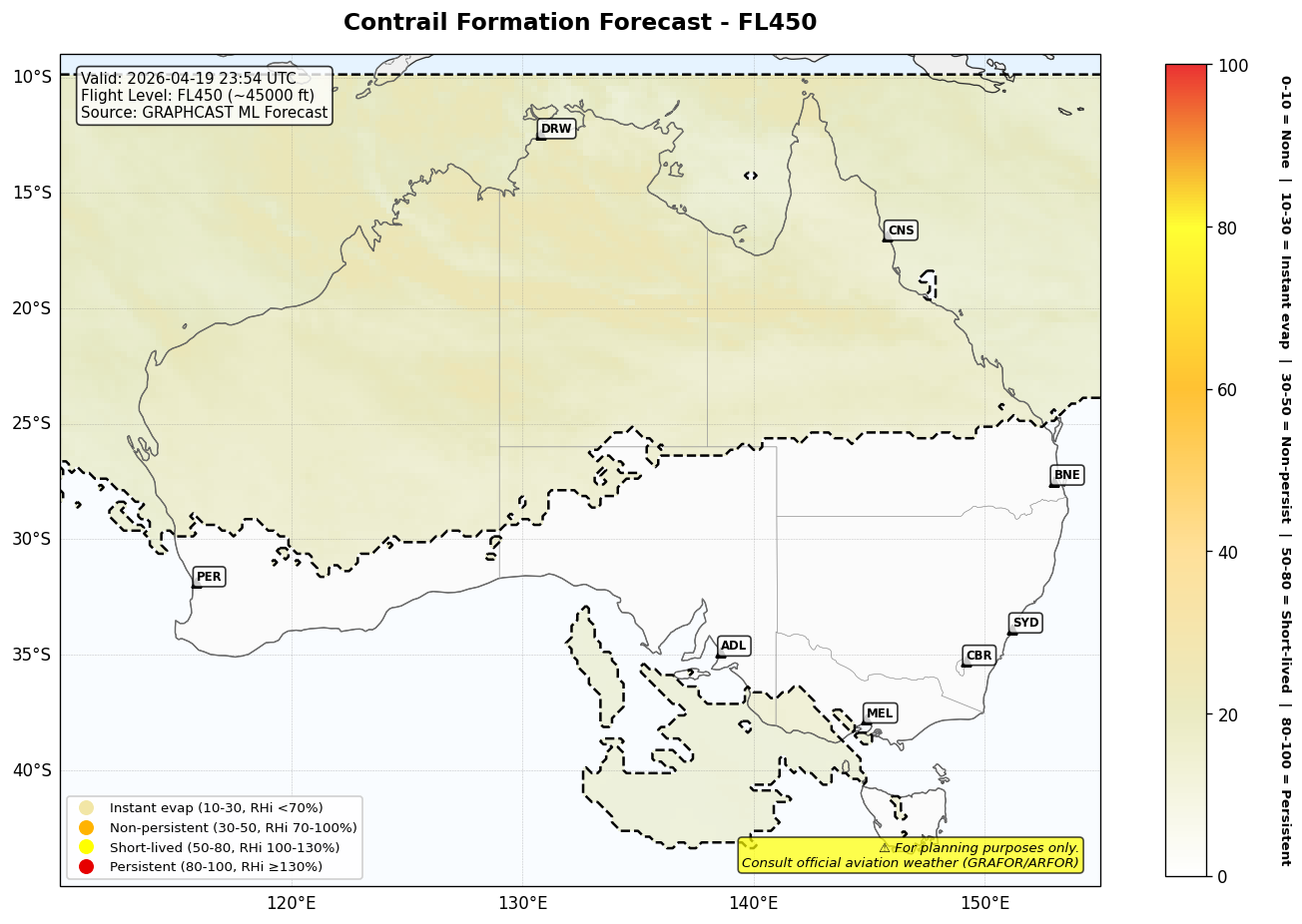 Contrail forecast for FL450 at 2026-04-19 23:54 UTC