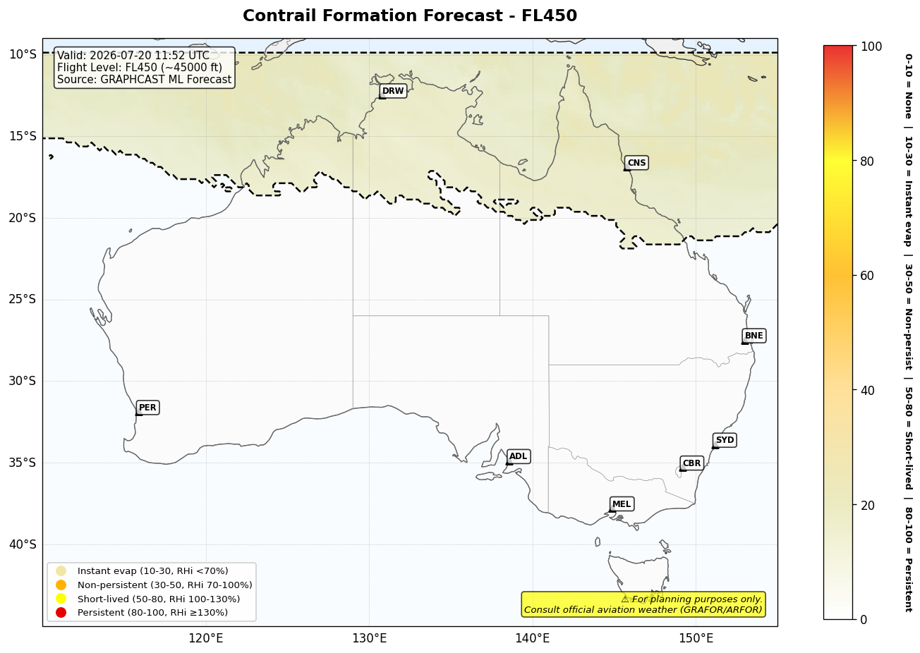 Contrail forecast for FL450 at 2026-07-20 11:52 UTC