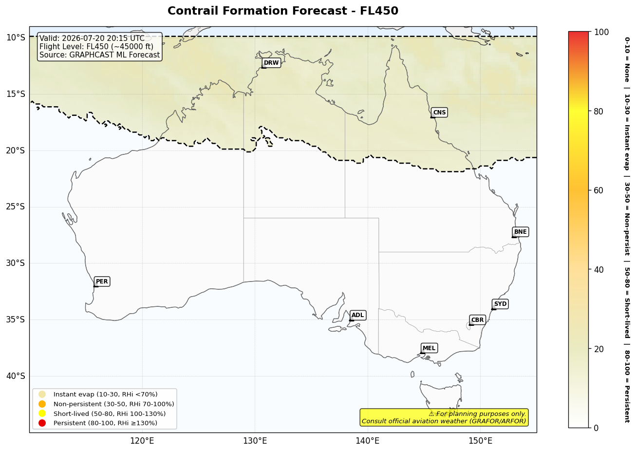Contrail forecast for FL450 at 2026-07-20 20:15 UTC