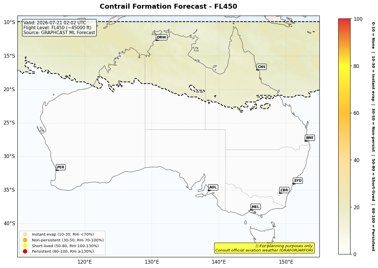 Contrail forecast for FL450 at 2026-07-21 02:02 UTC