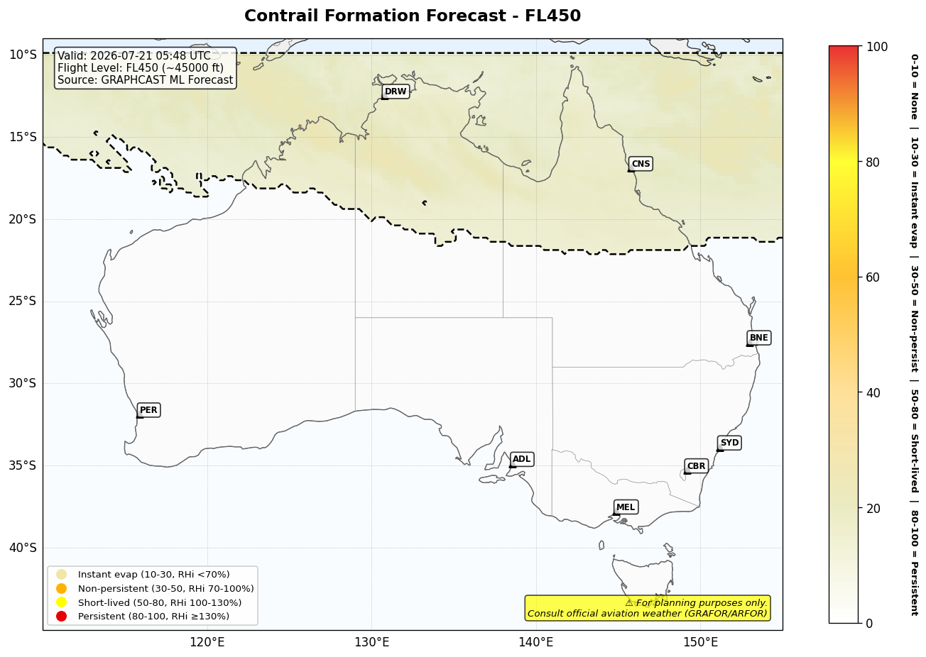 Contrail forecast for FL450 at 2026-07-21 05:48 UTC