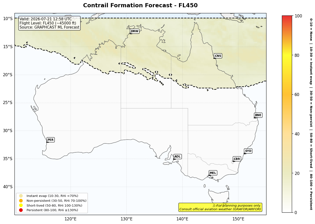 Contrail forecast for FL450 at 2026-07-21 12:58 UTC