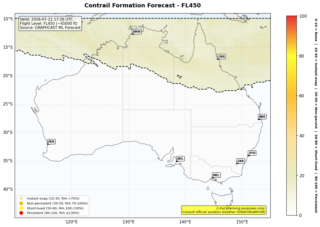 Contrail forecast for FL450 at 2026-07-21 17:26 UTC