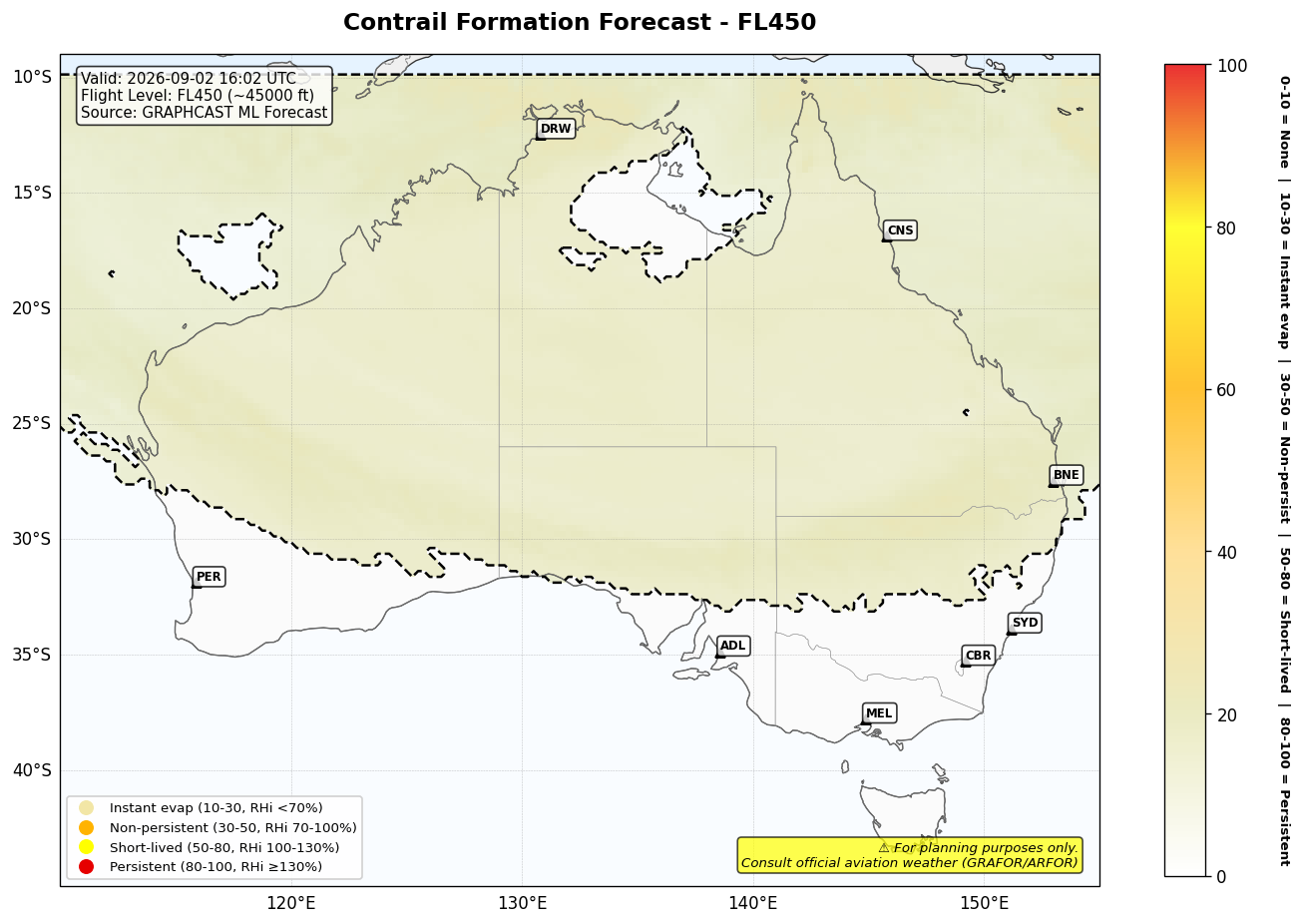 Contrail forecast for FL450 at 2026-09-02 16:02 UTC