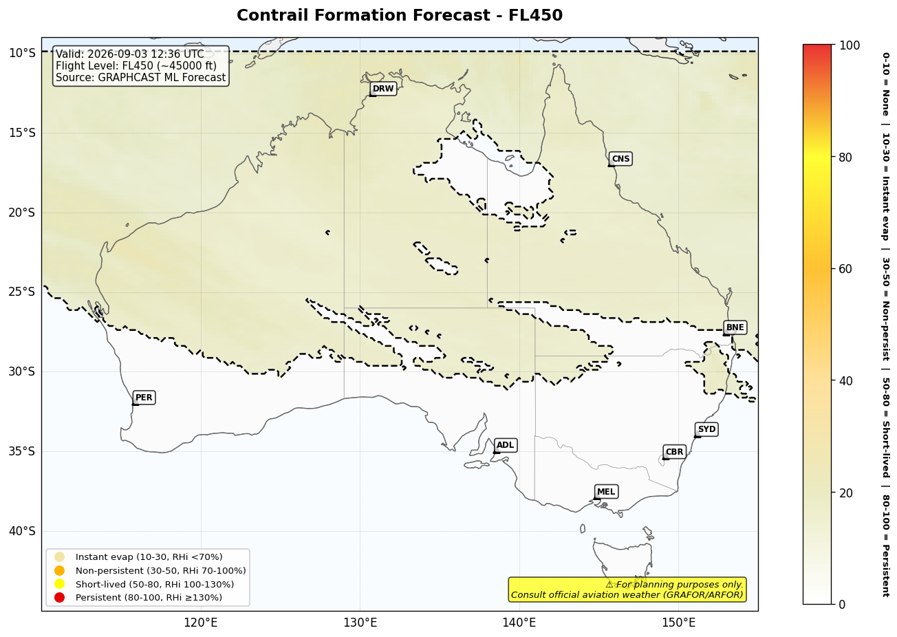 Contrail forecast for FL450 at 2026-09-03 12:36 UTC