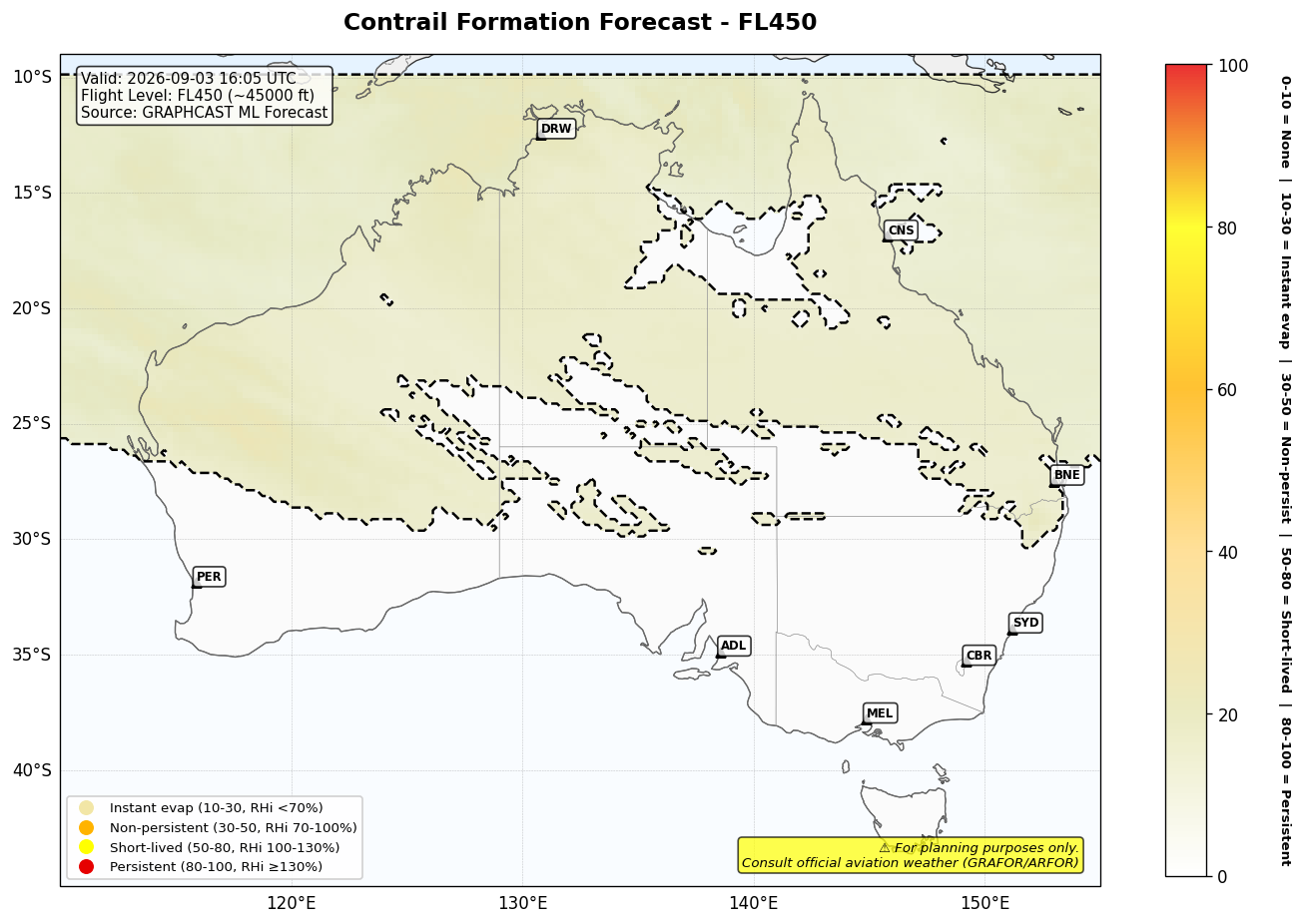 Contrail forecast for FL450 at 2026-09-03 16:05 UTC