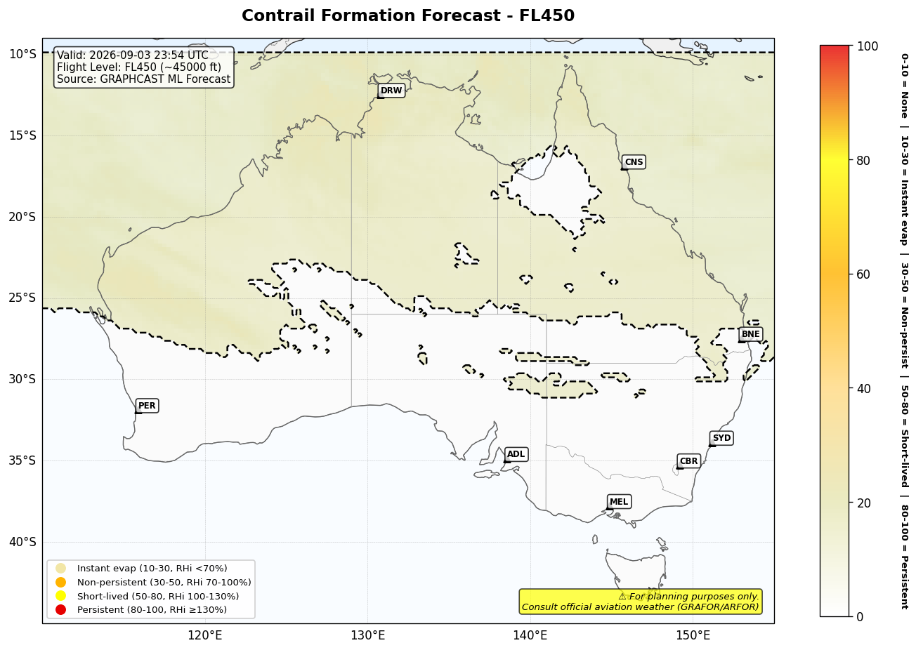 Contrail forecast for FL450 at 2026-09-03 23:54 UTC