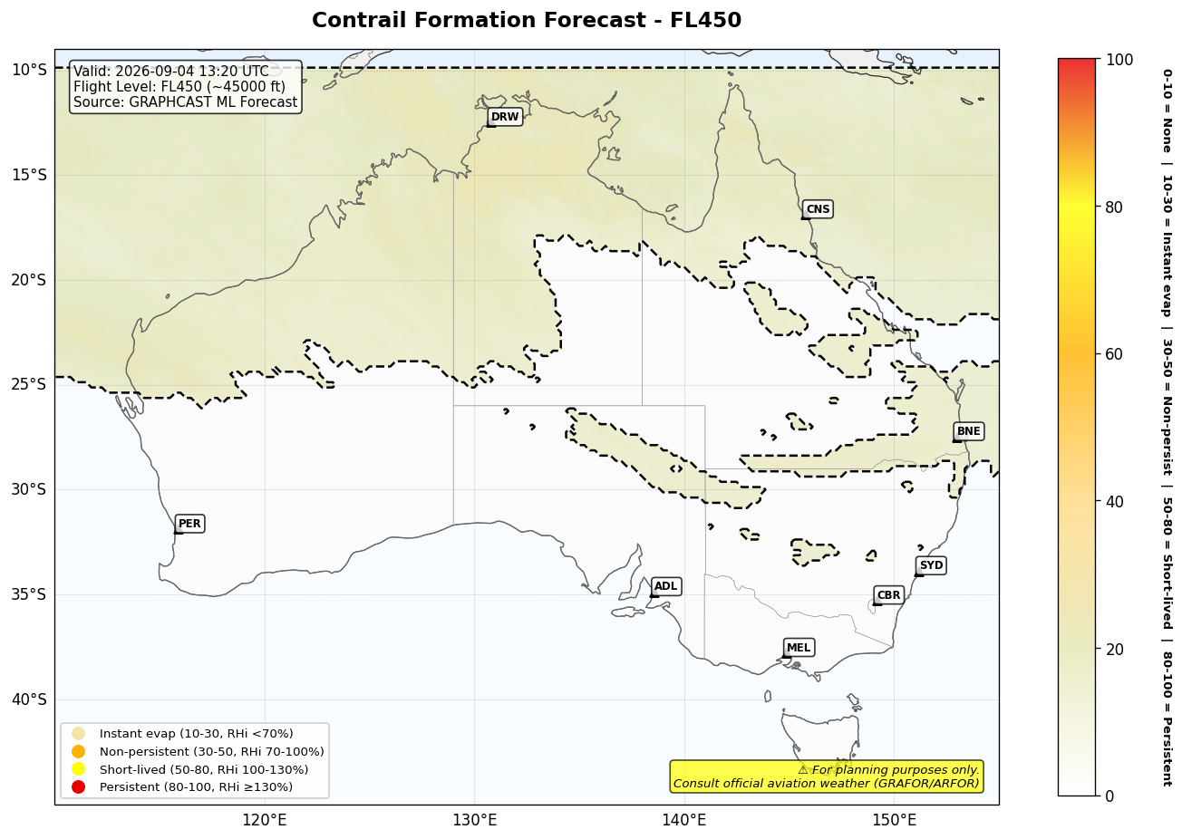 Contrail forecast for FL450 at 2026-09-04 13:20 UTC