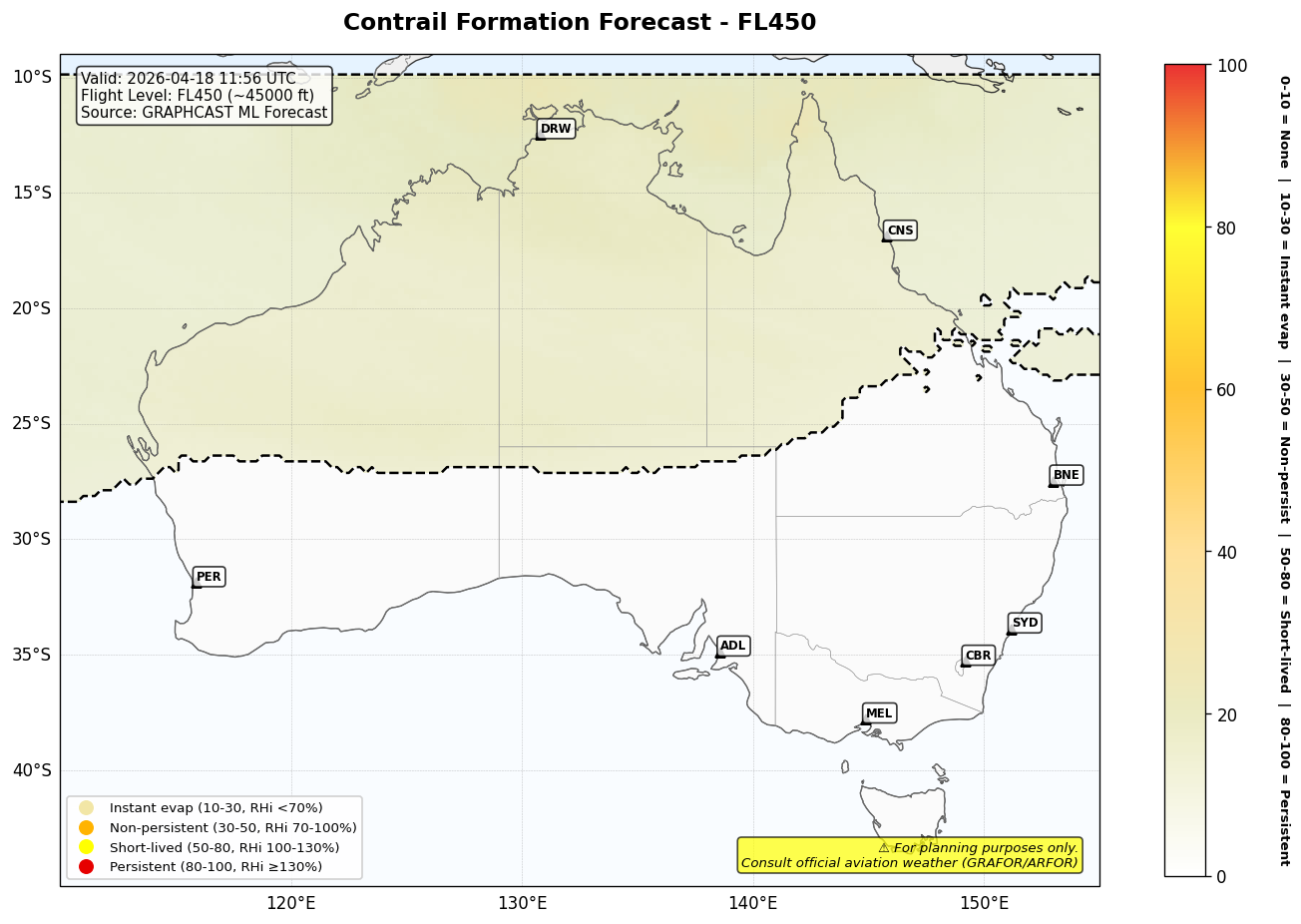 Contrail forecast for FL450 at 2026-04-18 11:56 UTC