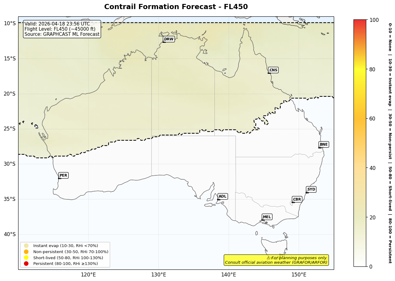 Contrail forecast for FL450 at 2026-04-18 23:56 UTC