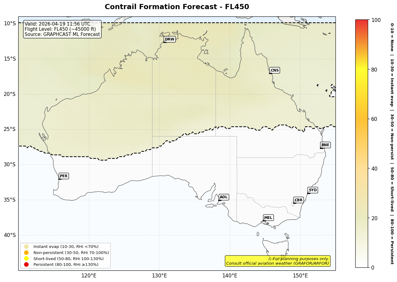 Contrail forecast for FL450 at 2026-04-19 11:56 UTC