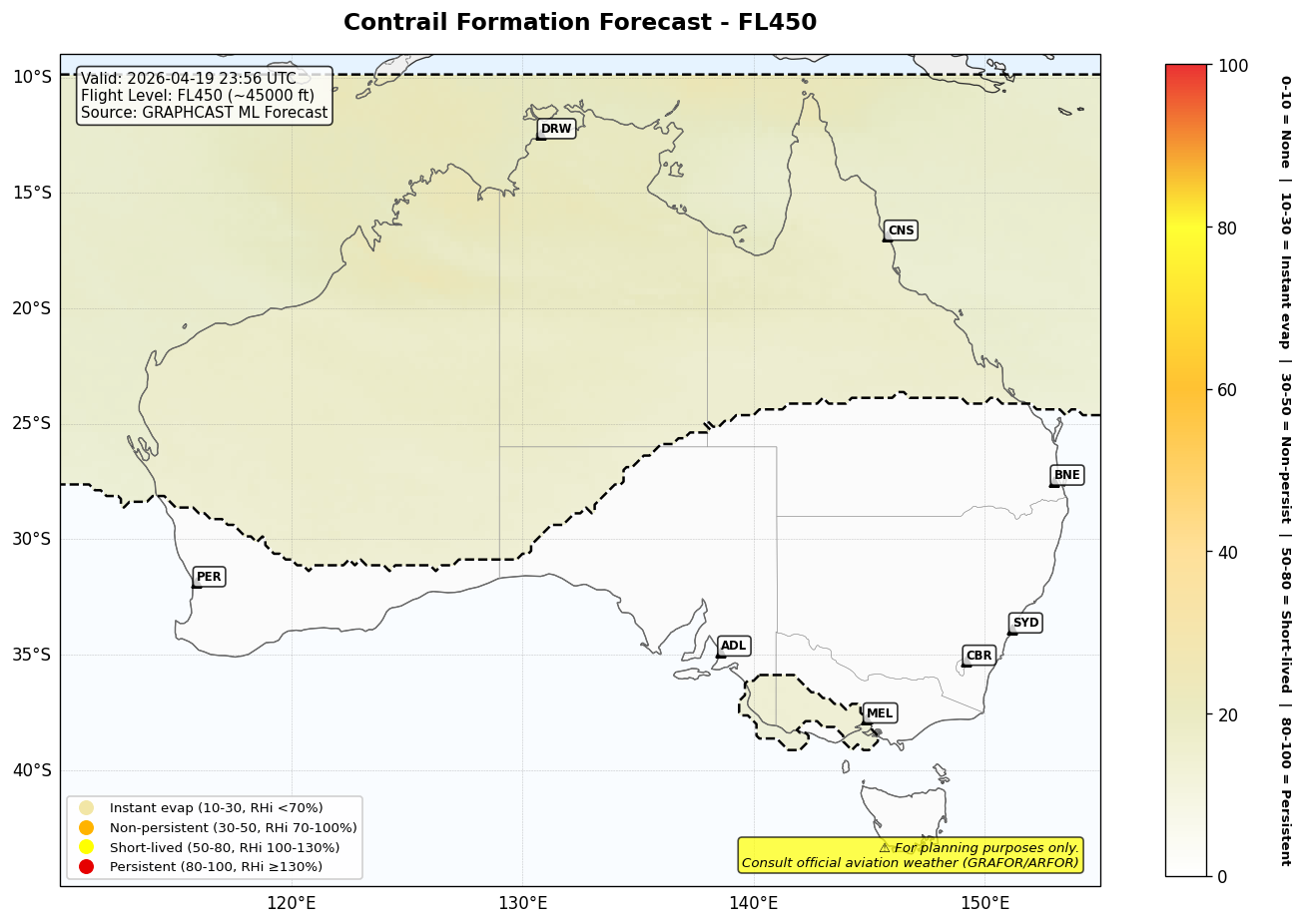 Contrail forecast for FL450 at 2026-04-19 23:56 UTC