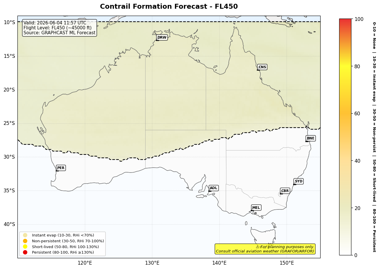 Contrail forecast for FL450 at 2026-06-04 11:57 UTC