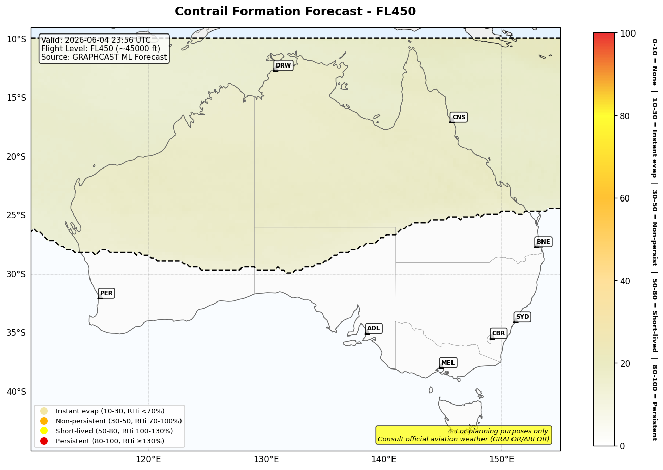 Contrail forecast for FL450 at 2026-06-04 23:56 UTC