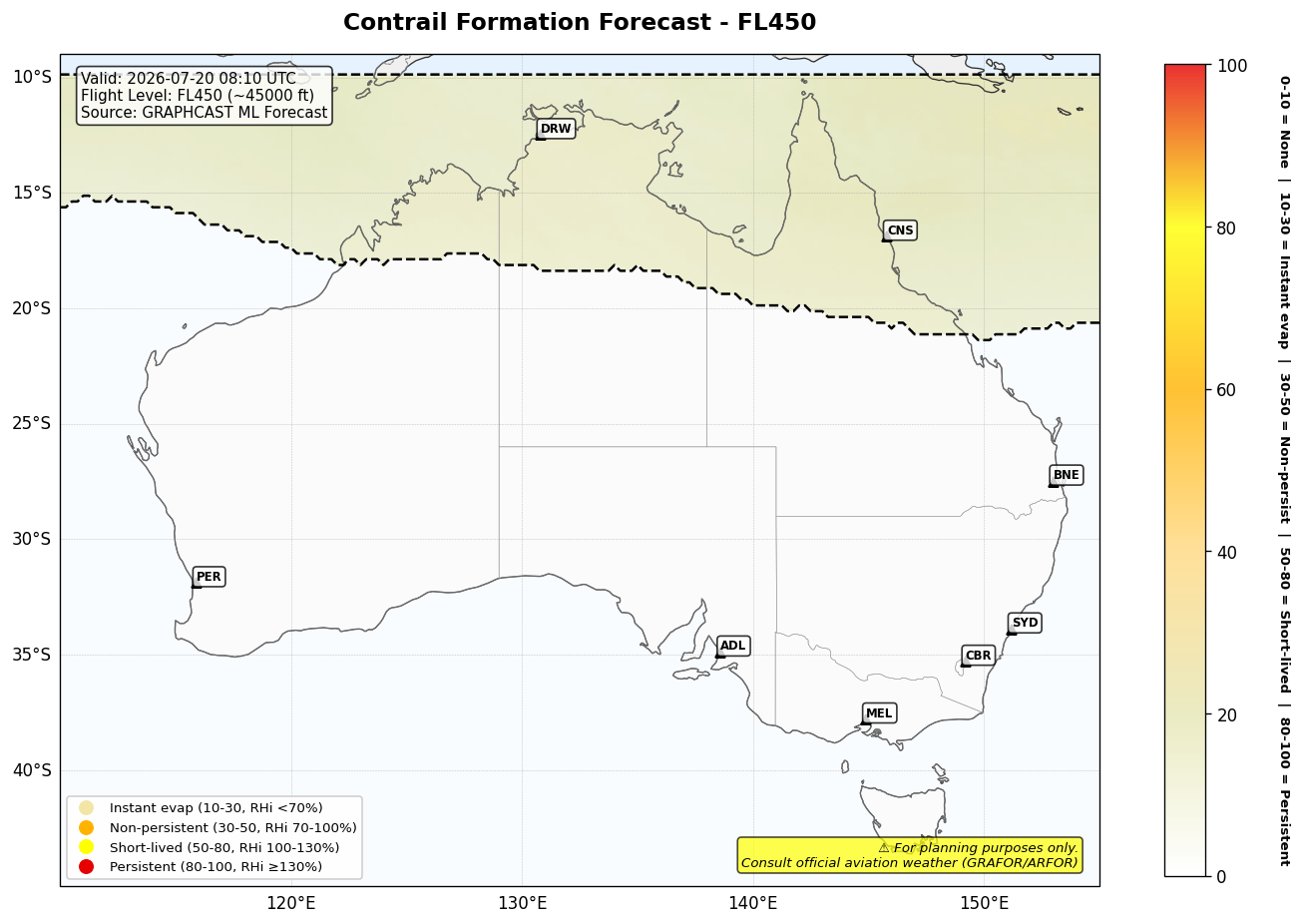 Contrail forecast for FL450 at 2026-07-20 08:10 UTC