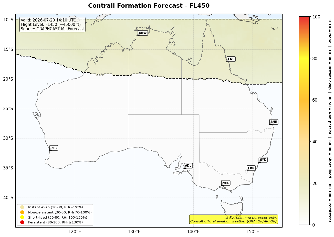 Contrail forecast for FL450 at 2026-07-20 14:10 UTC