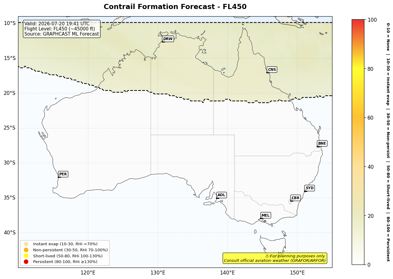Contrail forecast for FL450 at 2026-07-20 19:41 UTC