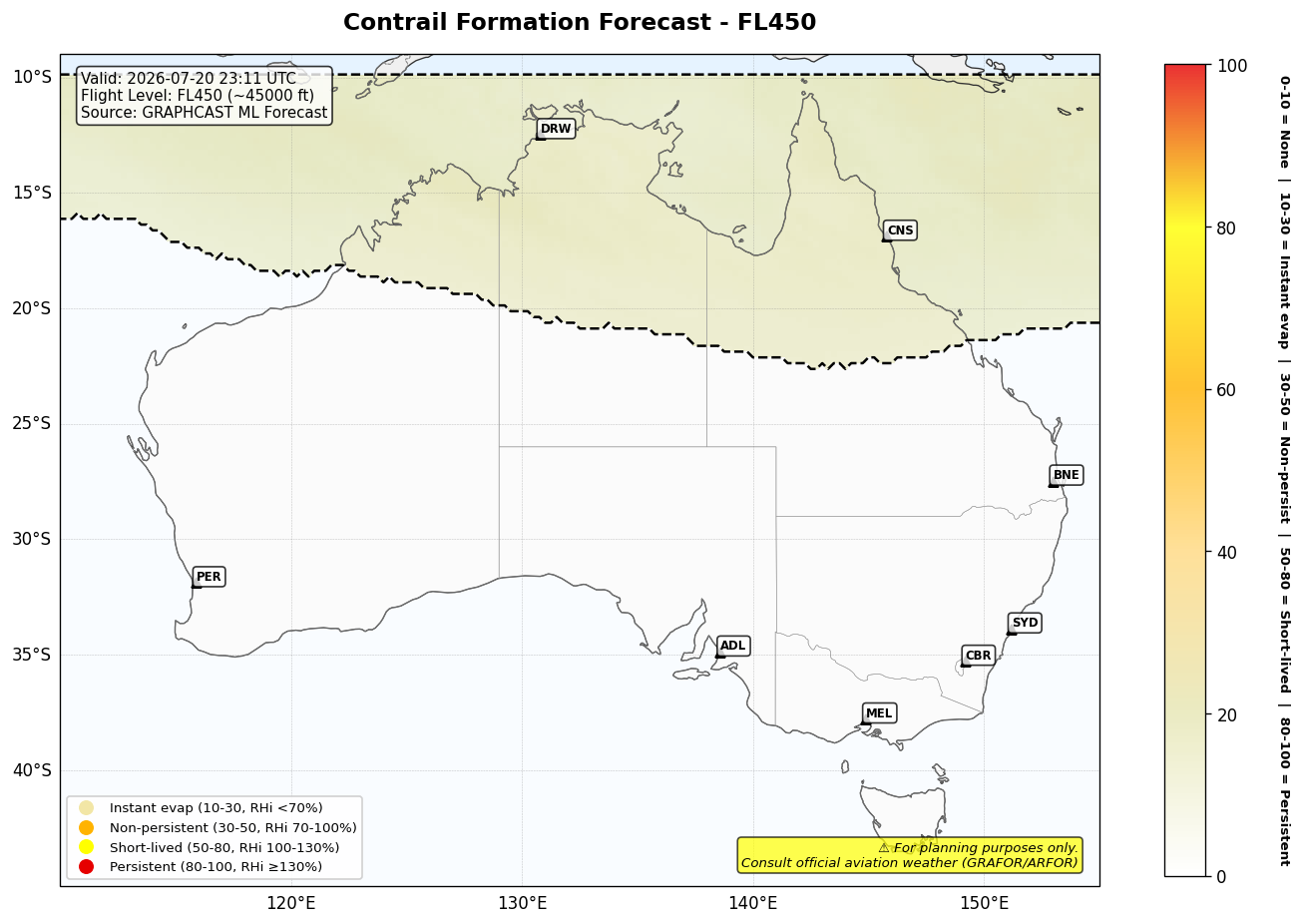 Contrail forecast for FL450 at 2026-07-20 23:11 UTC