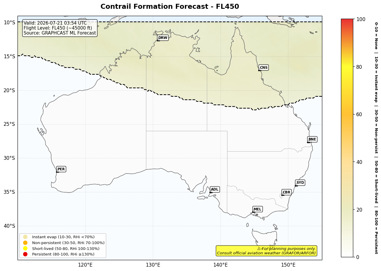 Contrail forecast for FL450 at 2026-07-21 03:54 UTC