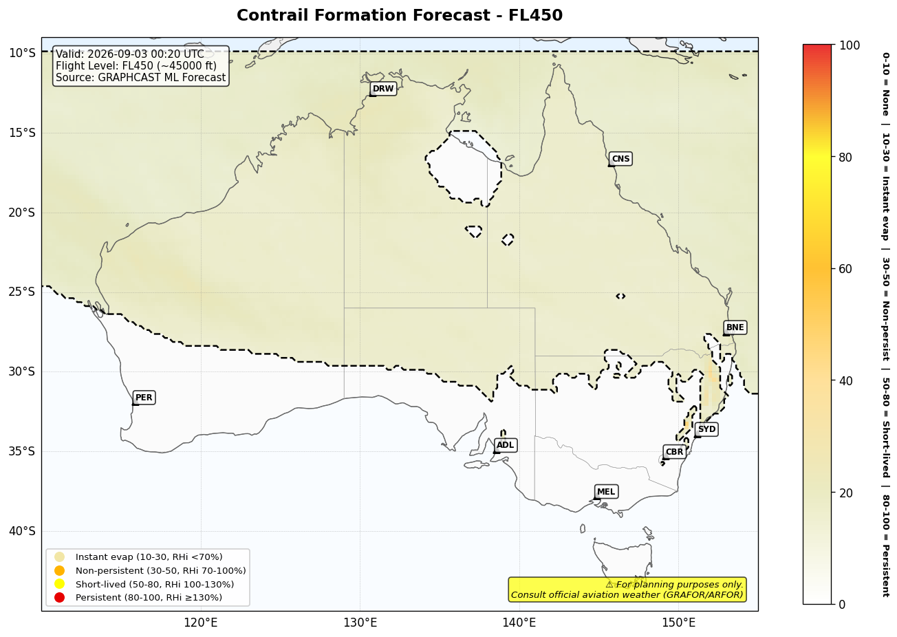 Contrail forecast for FL450 at 2026-09-03 00:20 UTC