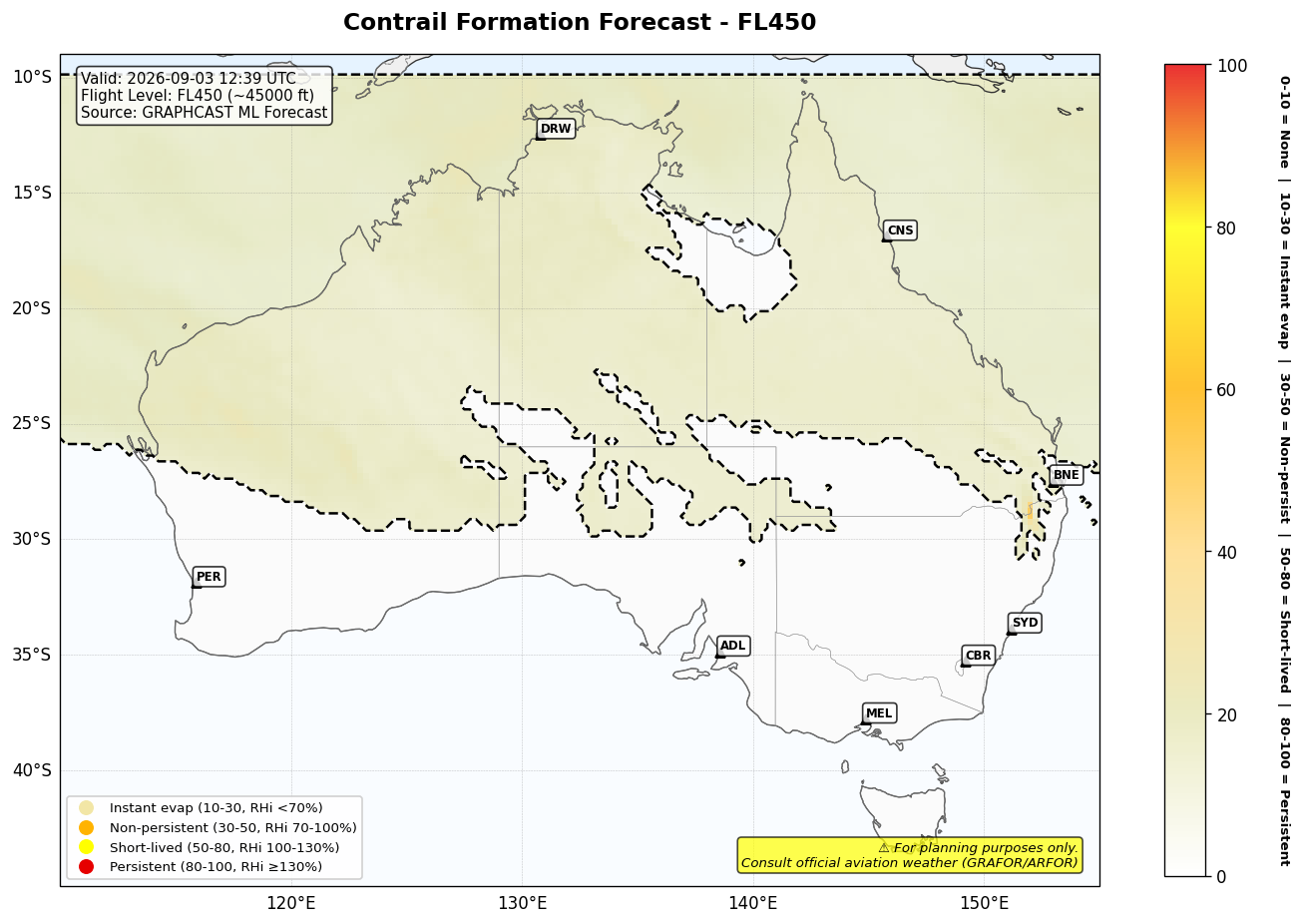 Contrail forecast for FL450 at 2026-09-03 12:39 UTC